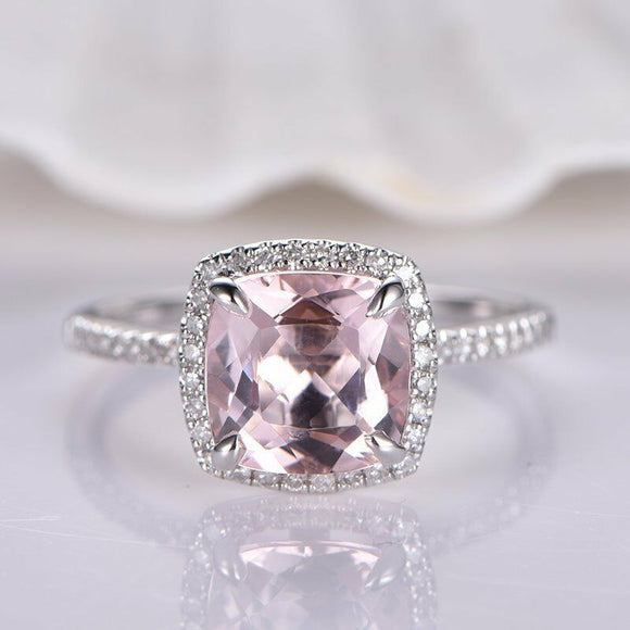 1ct Cushion Cut Peach Morganite Solitaire Engagement Ring 18k White Gold Finish