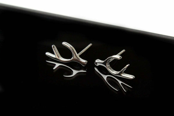 Deer Antler Stud Earrings 14k White Gold Finish