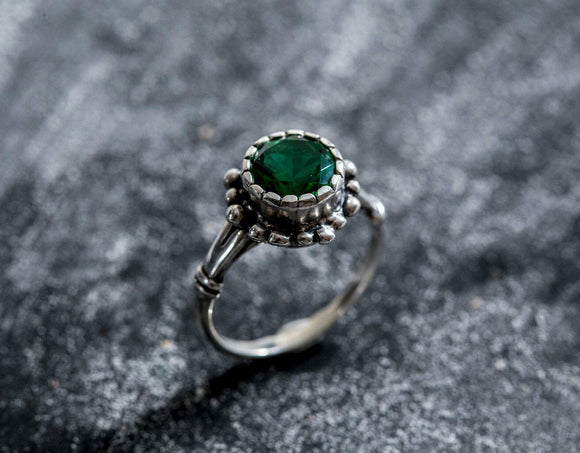 1ct Engagement Ring Round Cut Green Emerald Vintage Inspired 14k White Gold Over