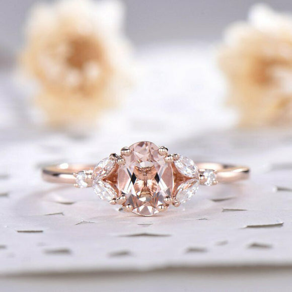 1.4ct Oval Cut Peach Morganite Engagement Ring Diamond Leaf 14k Rose Gold Finish