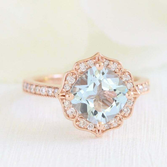 2ct Cushion Blue Aquamarine Engagement Ring Vintage Floral 14k Rose Gold Finish