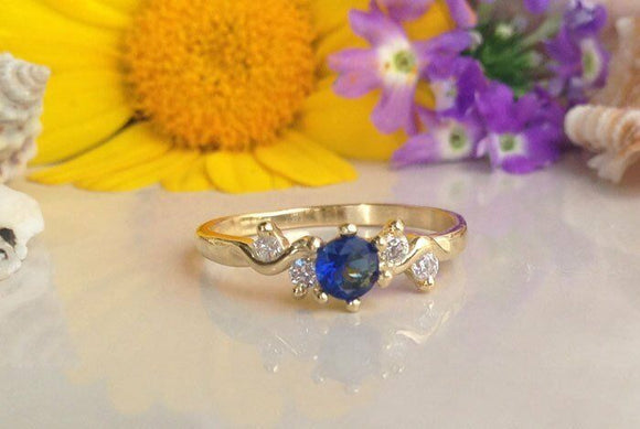 1ct Round Cut Blue Sapphire Engagement Ring 14k Yellow Gold Finish Minimalist