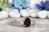 1.3ct Engagement Ring Pear Cut Red Garnet Three Stone 14k Yellow Gold Finish