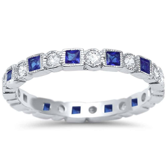 3Ct Princess Cut Blue Sapphire Eternity Vintage Wedding Band 14K White Gold Over