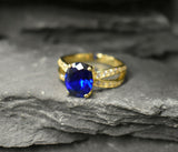 1.6ct Engagement Ring Oval Cut Blue Sapphire Split Shank 14k Yellow Gold Finish