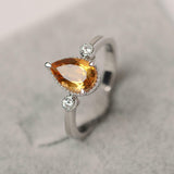 1.6ct Pear Cut Citrine Engagement Ring Milgrain Trilogy 14k White Gold Finish