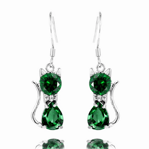 3Ct Pear Cut Green Emerald Kitten Cat Design Drop Earrings 14K White Gold Finish