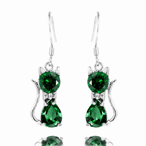 3Ct Pear Cut Green Emerald Kitten Cat Design Drop Earrings 14K White Gold Finish