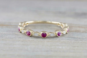 1ct Round Cut Pink Ruby Wedding Band Milgrain Half Eternity 14k Yellow Gold Over