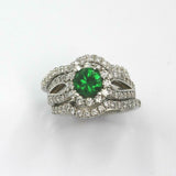 2.5ct Round Cut Green Emerald Diamond Halo Trio Set Ring 14k White Gold Finish