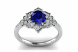 2.2ct Round Cut Blue Sapphire Flower Milgrain Halo Ring 14k White Gold Finish