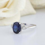 2ct Oval Cut Blue Sapphire Engagement Ring Diamond Trilogy 14k White Gold Finish