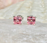 2ct Asscher Cut Simulated Pink Ruby Solitaire Stud Earrings 14k WhiteGold Plated