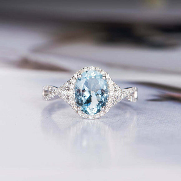 2ct Oval Cut Blue Aquamarine Halo Split Band Engagement Ring 14k White Gold Over