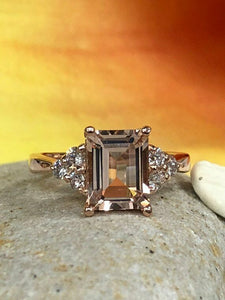 1.9ct Emerald Cut Peach Morganite 3 Stone Engagement Ring 14k Rose Gold Finish