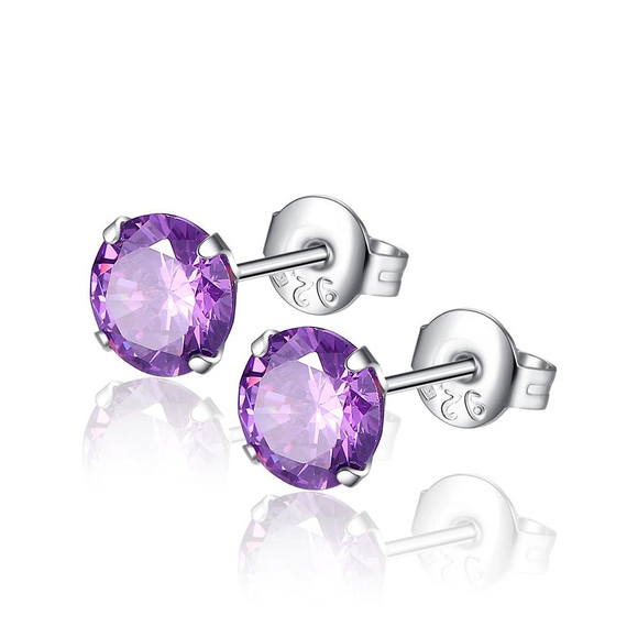 1Ct Round Cut Purple Amethyst Solitaire Slim Stud Earrings 18K White Gold Finish