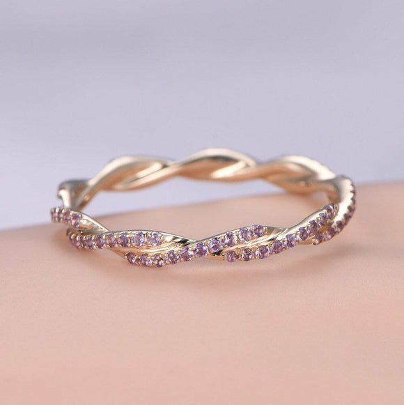 1.2ct Round Cut Purple Amethyst Infinity Wedding Band Ring 14k Rose Gold Finish