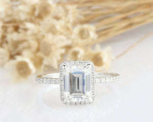 1.5ct Emerald Cut Diamond Engagement Ring Round Accent Halo 14k WhiteGold Finish