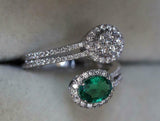 2.2ct Engagement Ring Ova Cut Green Emerald Halo Bypass 14k White Gold Finish