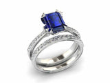 2.7ct Emerald Cut Blue Sapphire Engagement Ring Bridal Set 14k White Gold Finish