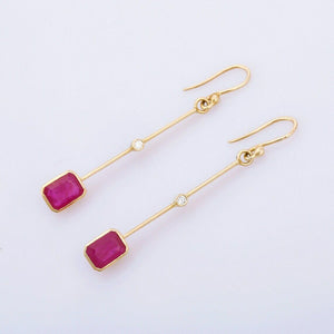 1.5ct Drop Earrings Emerald Cut Pink Ruby Dangling 14k Yellow Gold Finish