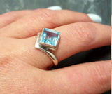 1ct Engagement Ring Asscher Blue Aquamarine Solitaire Curved 14k White Gold Over