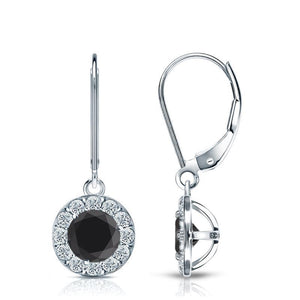 2Ct Round Brilliant Cut Black Diamond Halo Drop Earrings 18K White Gold Finish