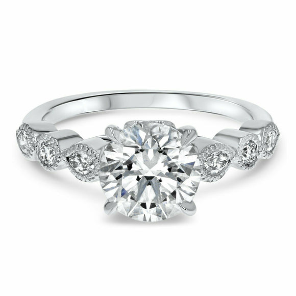 2.4ct Round Cut Diamond Milgrain Accent with Solitaire Ring 14k WhiteGold Finish