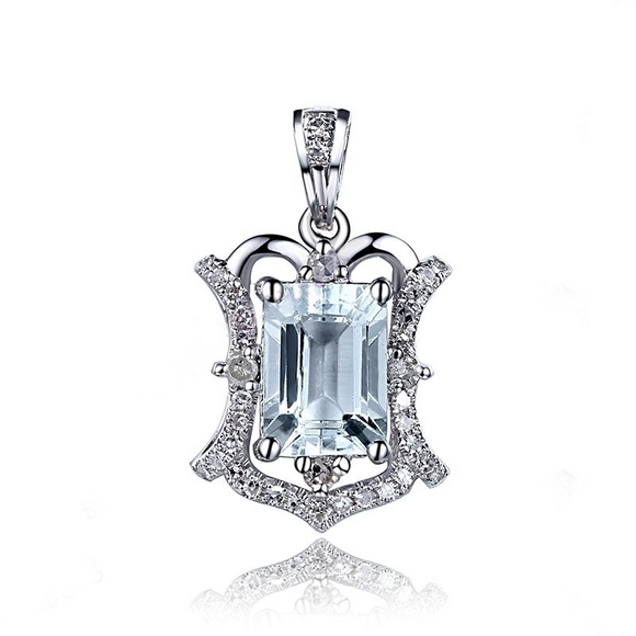 1.2ct Emerald Cut Blue Aquamarine Wedding Pendant 14k White Gold Finish NO CHAIN