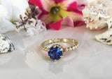 1ct Round Cut Blue Sapphire Beaded Ball Shank Solitaire Ring 14k YellowGold Over