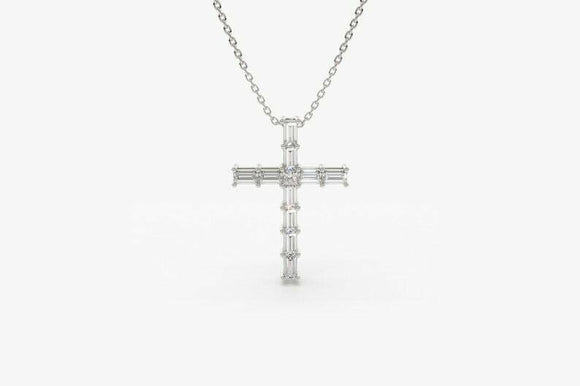 1.2ct Baguette Cut Diamond Holy Cross Pendant with Chain 14k White Gold Finish