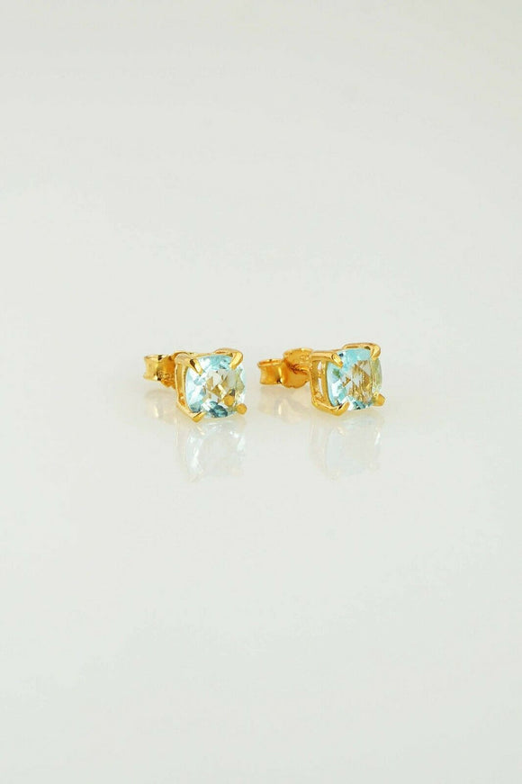 1ct Stud Earrings Cushion Cut Blue Aquamarine Solitaire 14k Yellow Gold Finish