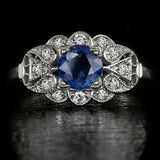 3Ct Round Cut Blue Sapphire Vintage Antique Engagement Ring 14K White Gold Over