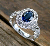 3Ct Oval Cut Blue Sapphire Vintage Halo Engagement Ring 14K White Gold Finish