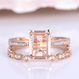 2ct Emerald Cut Peach Morganite Bridal Set Engagement Ring 14k Rose Gold Finish