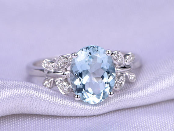 2ct Oval Cut Blue Aquamarine Engagement Ring Butterfly Design 14k WhiteGold Over