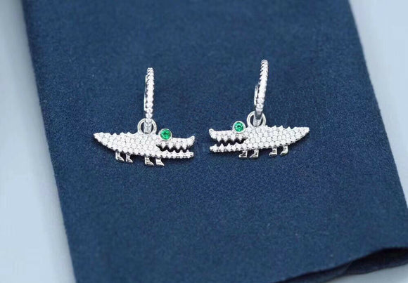 3Ct Round Cut Diamond Emerald Eyed Crocodile Drop Earrings 14K White Gold Finish