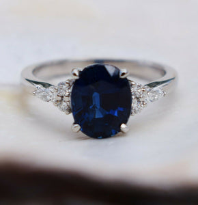 2.4ct Oval Cut Blue Sapphire Diamond Accent Solitaire Ring 14k White Gold Finish