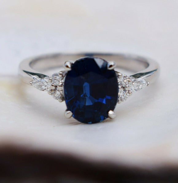 2.4ct Oval Cut Blue Sapphire Diamond Accent Solitaire Ring 14k White Gold Finish