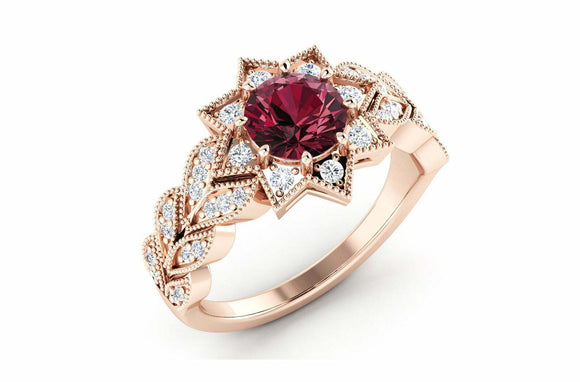 2.5ct Round Cut Red Garnet Flower Leaves Engagement Ring 14k Rose Gold Finish