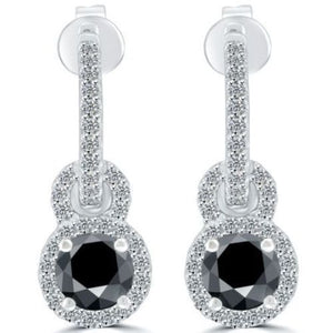 3ct Round Cut Black Diamond Halo Style Dangle Earrings 14k White Gold Finish