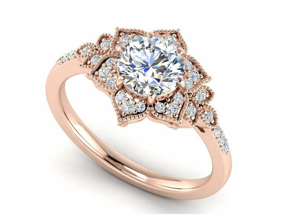 Flower Milgrain Halo Engagement Ring 2.2ct Round Cut Diamond 14k RoseGold Finish