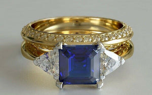 3ct Asscher Cut Blue Sapphire Engagement Ring Bridal Set 14k Yellow Gold Finish