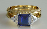 3ct Asscher Cut Blue Sapphire Engagement Ring Bridal Set 14k Yellow Gold Finish