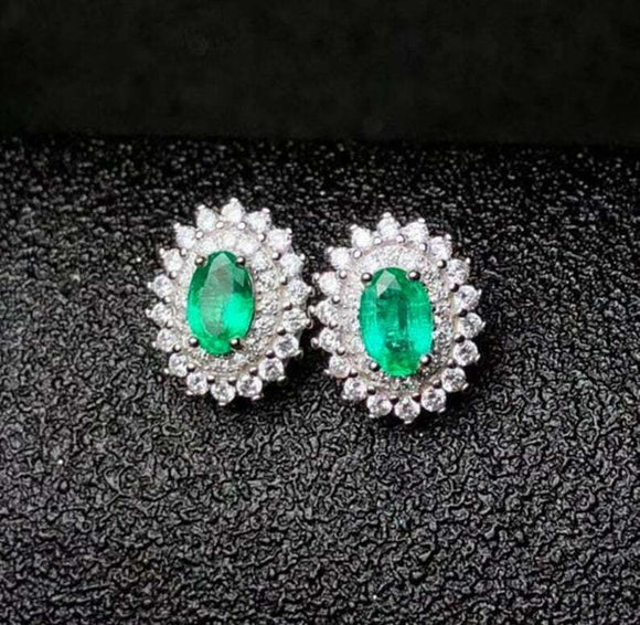 2.5ct Stud Earrings Oval Cut Green Emerald Dual Halo Floral 14k WhiteGold Finish