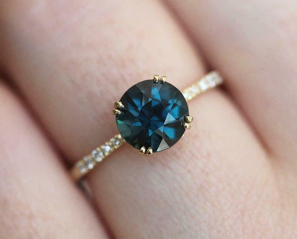 1ct Round Blue Sapphire Engagement Ring Accents Solitaire 14k Yellow Gold Finish