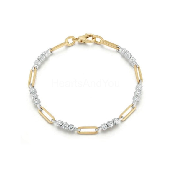 1ct Round Cut Moissanite Stylish Paperclip Chain Bracelet 14k Dual Gold Plated