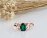 2ct Oval Cut Green Emerald Engagement Ring Leaf Accent Design 14k Rose Gold Over