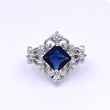 1.9ct Princess Cut Blue Sapphire Engagement Ring 14k White Gold Finish Art Deco