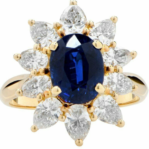 3ct Oval Cut Blue Sapphire Engagement Ring Floral Solitaire 14k Yellow Gold Over